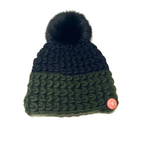 Mischa Lampert Beanie in Black/Dark Olive with Black Pom