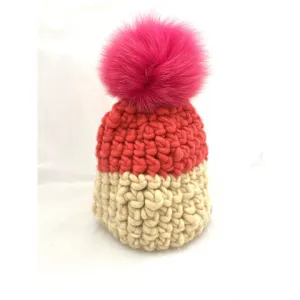 Mischa Lampert Deep Color Block Sunny Beanie with Pink Pom