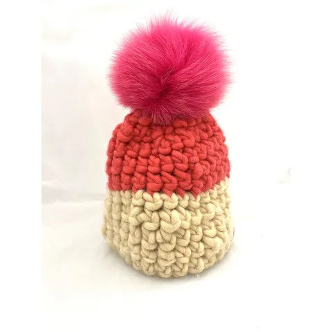 Mischa Lampert Deep Color Block Sunny Beanie with Pink Pom