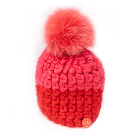 Mischa Lampert Pink, Red and Coral Stripe Beanie with Coral Pom