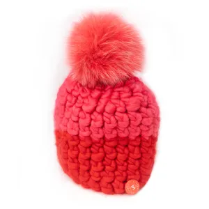 Mischa Lampert Pink, Red and Coral Stripe Beanie with Coral Pom