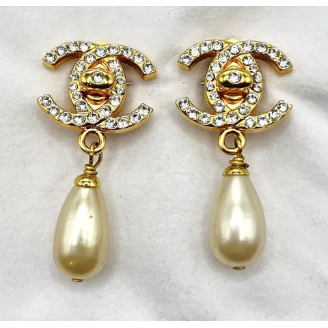 Vintage Chanel Earrings with Crystal CC and Pearl Drop