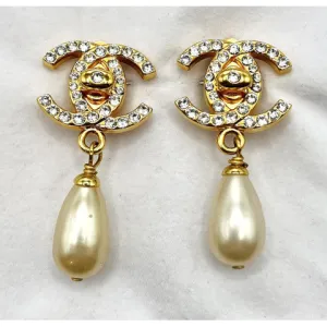 Vintage Chanel Earrings with Crystal CC and Pearl Drop