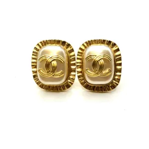 Vintage Chanel Rectangle Faux Pearl Gold Framed Earrings