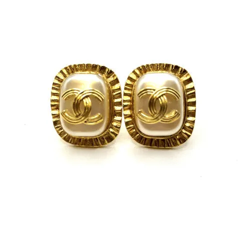 Vintage Chanel Rectangle Faux Pearl Gold Framed Earrings