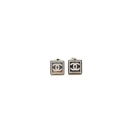 Vintage Chanel Small Silver Clip On Earrings with White CC